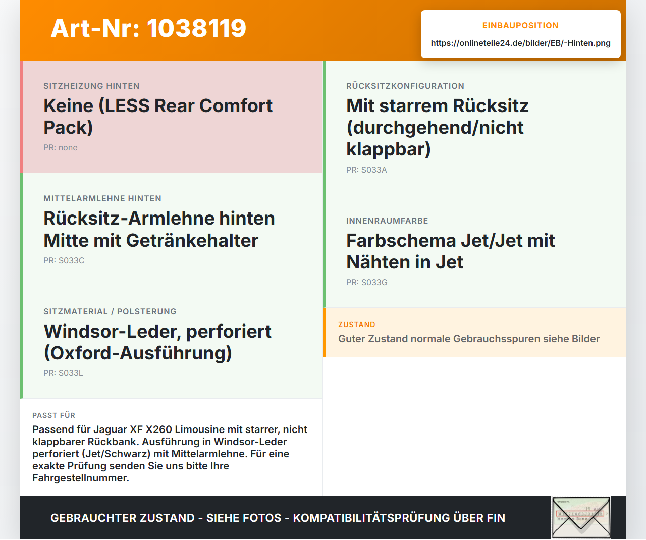 Jaguar XF X260 15-20 Lim Sitzbezug Rückenpolster durchgehend für Rücksitzbank Hinten Jaguar XF X260 15-20... Vorschau 3