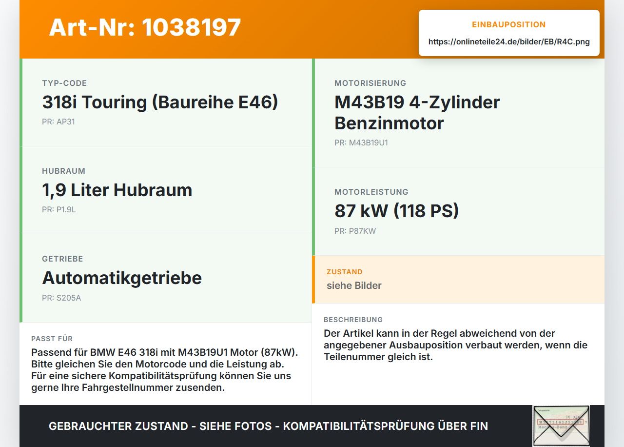 BMW 3er E46 99-01 1,9i 87KW M43B19U1 Kolben mit Pleuel Pos C BMW 3er E46 99-01 10.07.2000 8580699 gebraucht Vorschau 3