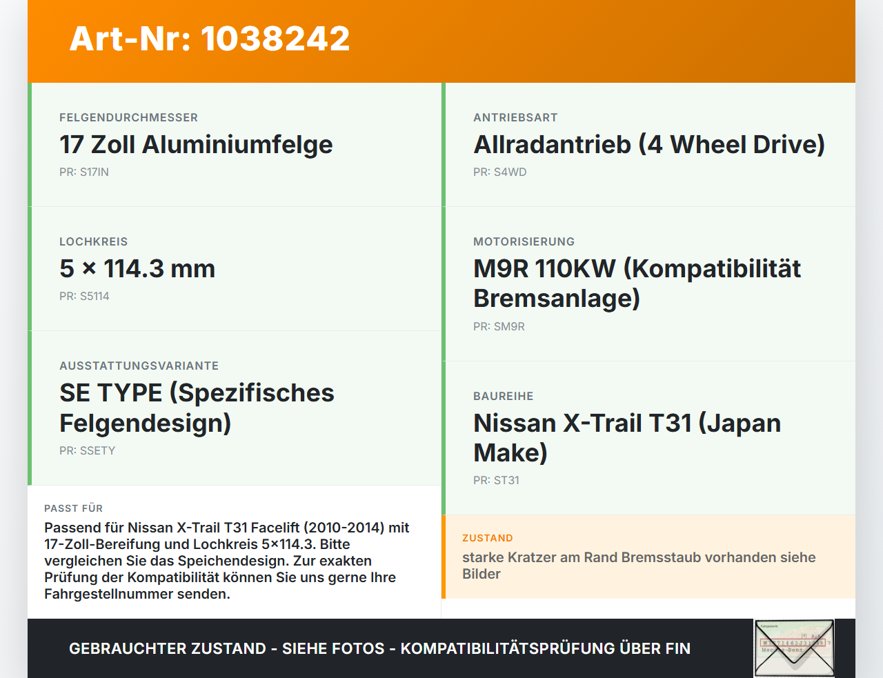 Nissan X-Trail T31 10-14 1 x Felge Aluminiumfelge 17 Zoll 5X114.3 Nissan X-Trail T31 10-14 21.09.2011 gebraucht Vorschau 3
