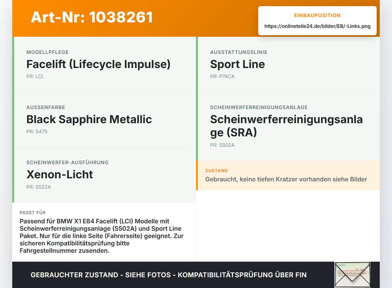 BMW X1 E84 LCI 12-15 Deckel Klappe Abdeckung für Waschdüse Scheinwerfer SRA Links BMW X1 E84 LCI 12-15 29.10.2012... Vorschau 3