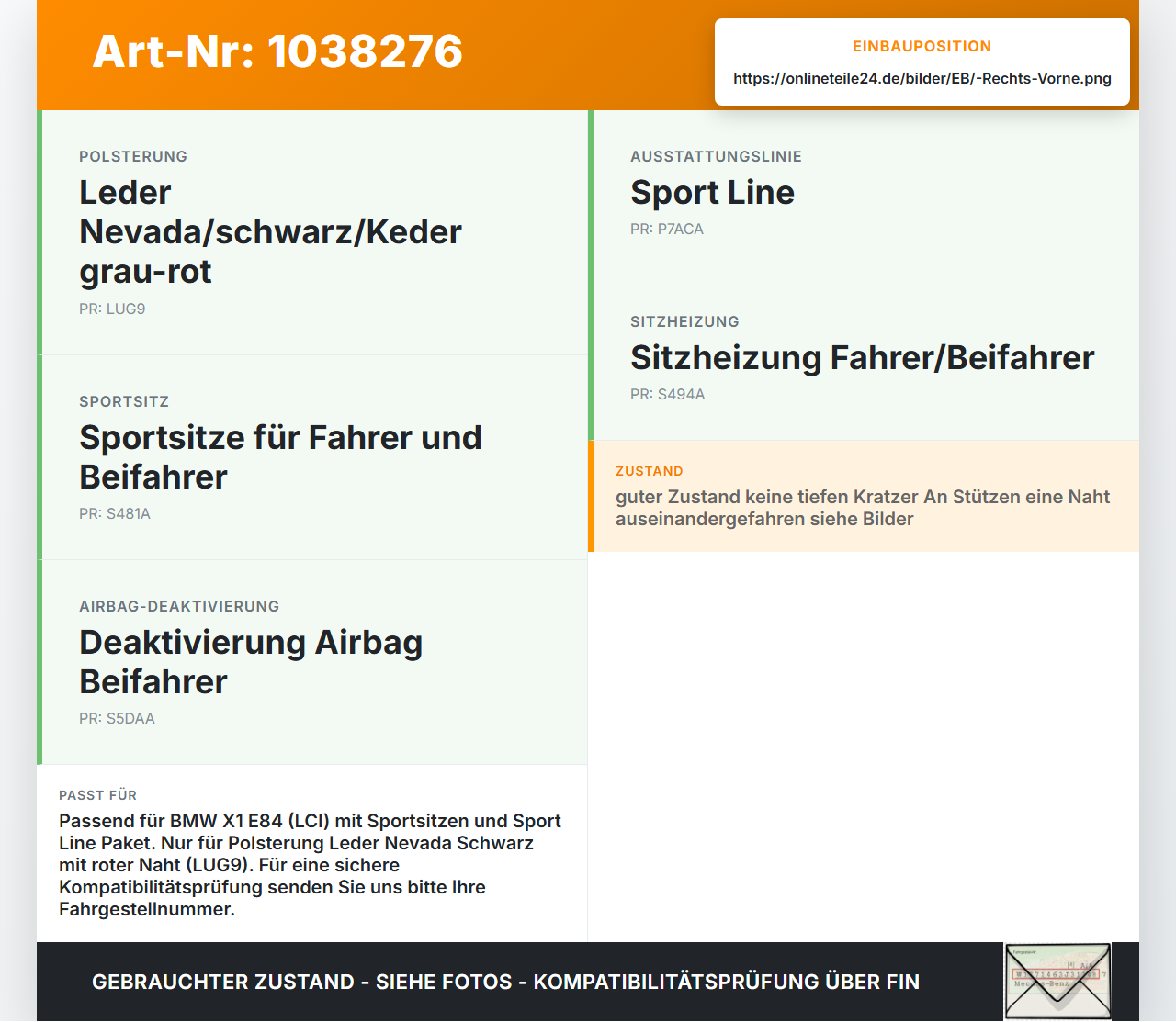 BMW X1 E84 LCI 12-15 Kopfstütze Beifahrersitz Rechts Vorne rote Naht BMW X1 E84 LCI 12-15 29.10.2012 7324199... Vorschau 3