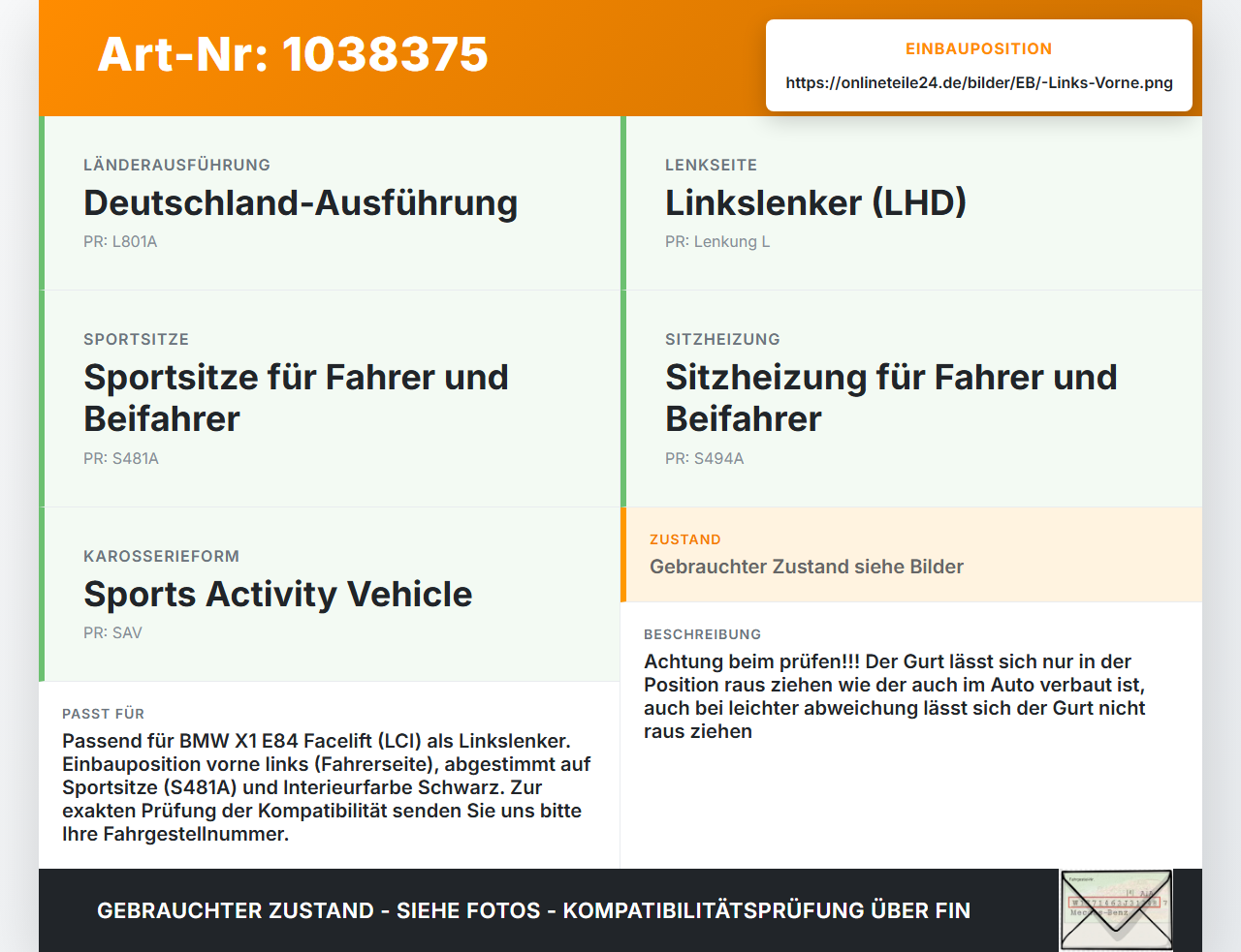 BMW X1 E84 LCI 12-15 Gurt Sicherheitsgurt Gurtstraffer Links Vorne BMW X1 E84 LCI 12-15 29.10.2012 2991281... Vorschau 3