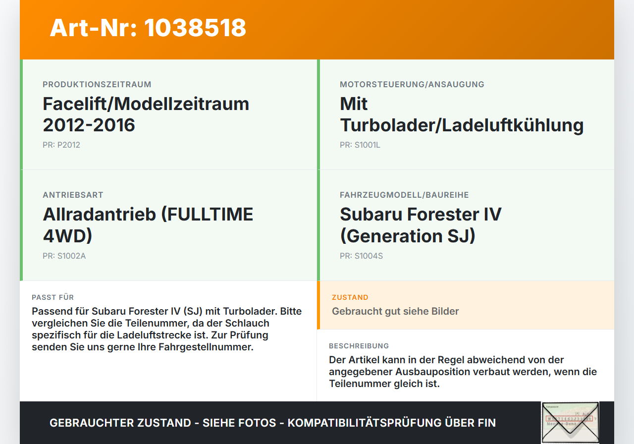 Subaru Forester IV SJ 12-16 108 108KW Ansaugrohr Ladeluftschlauch Luftschlauch Pos.1 Subaru Forester IV SJ 12-16... Vorschau 3