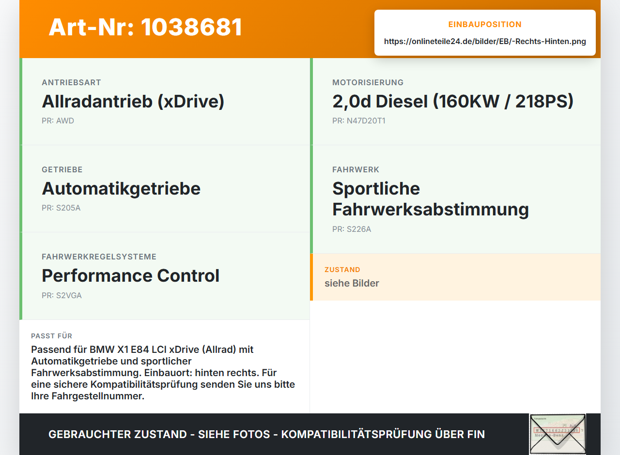BMW X1 E84 LCI 12-15  2,0d 160KW 4WD Antriebswelle Gelenkwelle Rechts Hinten BMW X1 E84 LCI 12-15 29.10.2012... Vorschau 3