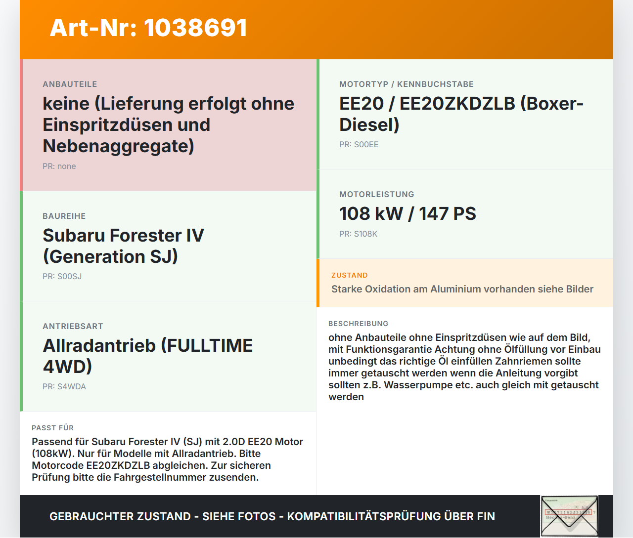 Subaru Forester IV SJ 12-16 108 108KW EE20 EE20ZKDZLB Motor Triebwerk Subaru Forester IV SJ 12-16 16.02.2015 gebraucht Vorschau 3