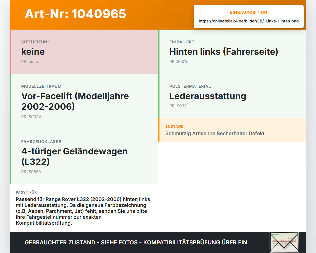 Land Range Rover III L322 02-06 Seitenpolster Links für Rücksitzbank Hinten Land Range Rover III L322 02-06... Vorschau 3