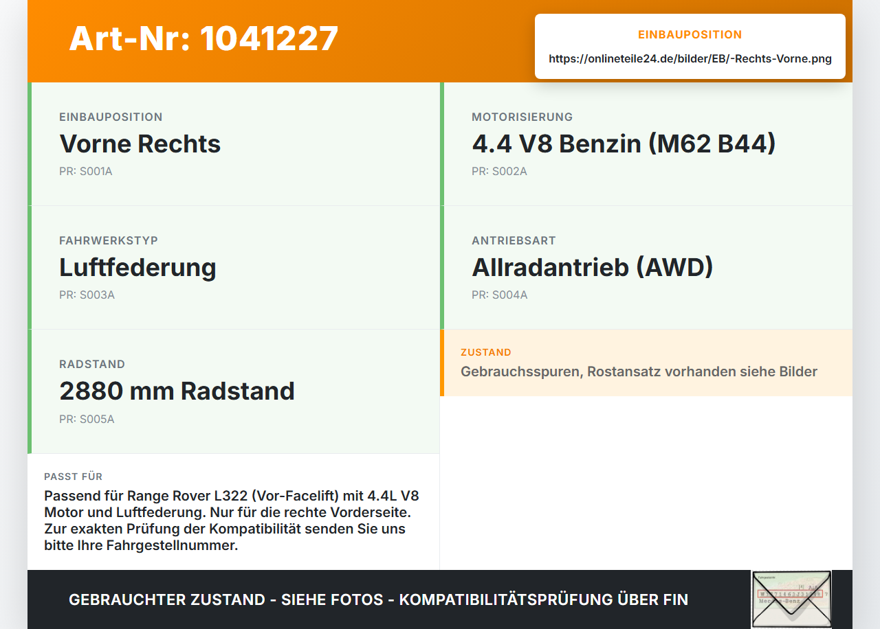 Land Range Rover III L322 02-06 Federbein Stossdämpfer Vorne Rechts Land Range Rover III L322 02-06 02.08.2002... Vorschau 3