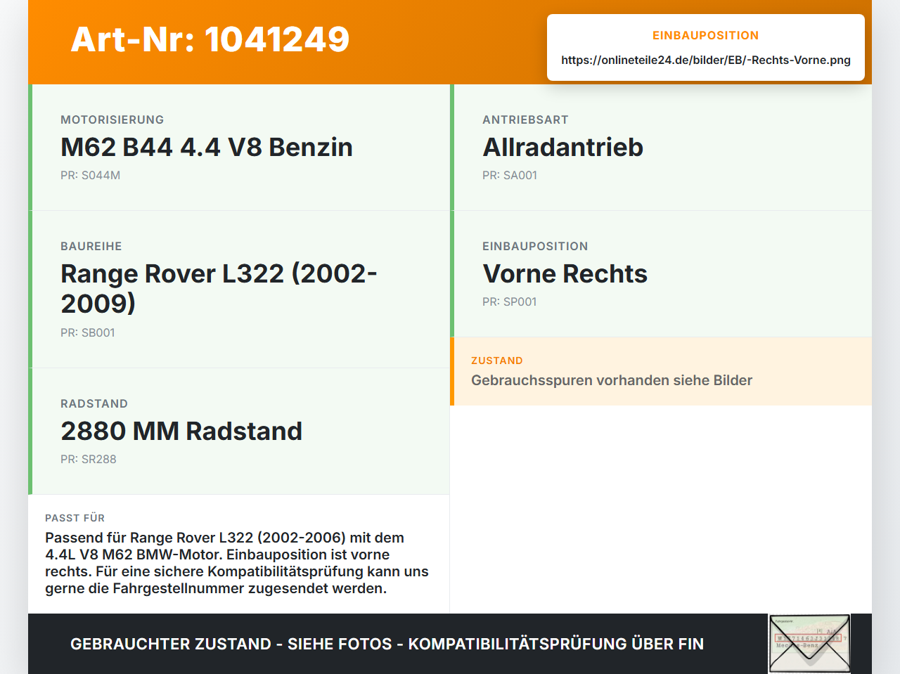 Land Range Rover III L322 02-06 4,4 210KW Bremssattel Bremszange Vorne Rechts Land Range Rover III L322 02-06... Vorschau 3