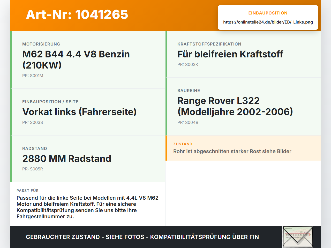 Land Range Rover III L322 02-06 4,4 210KW Katalysator Kat Vorkat Links Land Range Rover III L322 02-06 02.08.2002... Vorschau 3