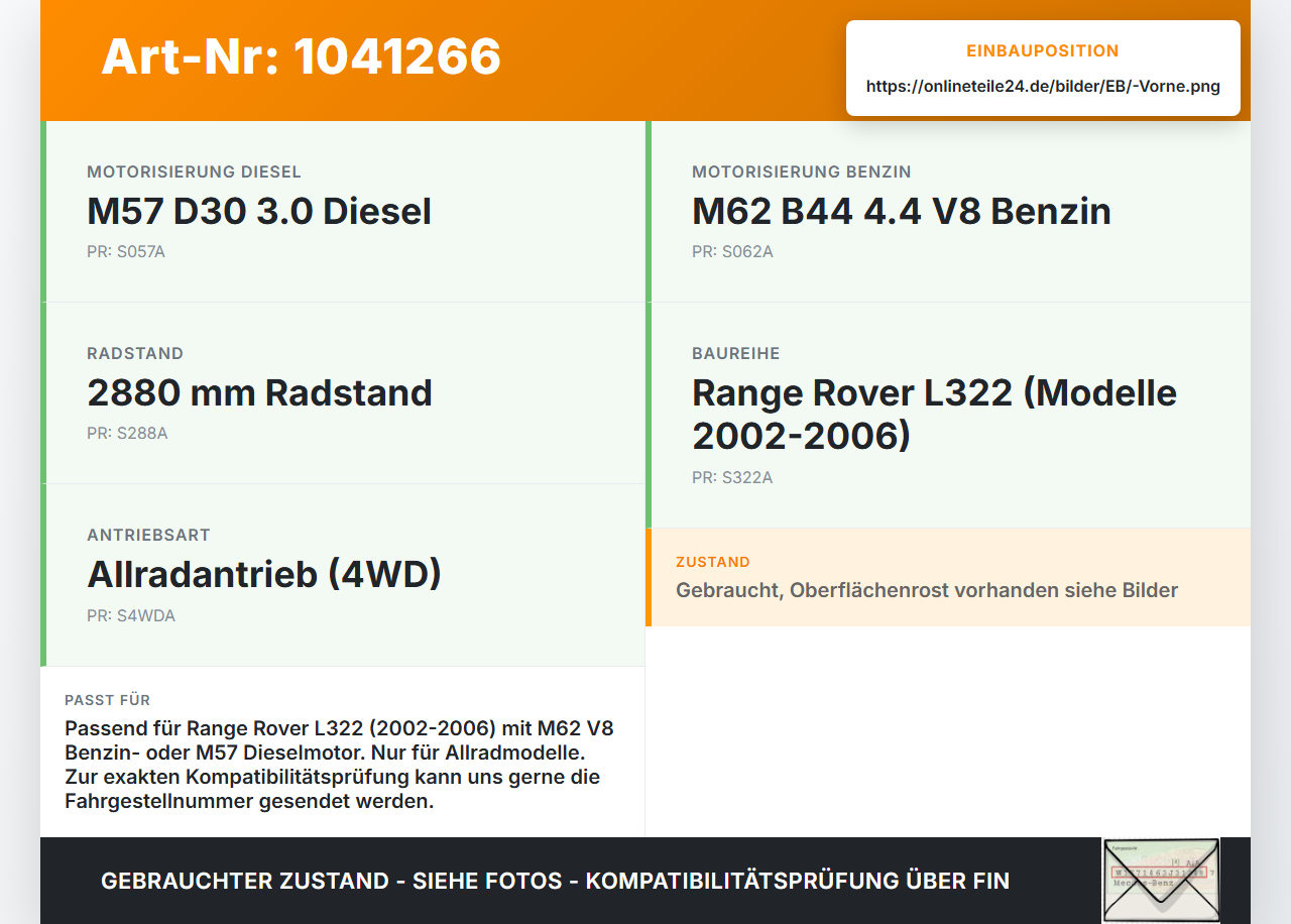 Land Range Rover III L322 02-06 4,4 210KW 4WD Kardanwelle Vorne Land Range Rover III L322 02-06 02.08.2002 LR007035... Vorschau 3