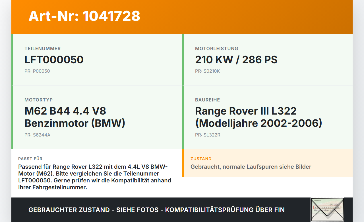 Land Range Rover III L322 02-06 4,4 210KW M62 B44 Kurbelwelle Land Range Rover III L322 02-06 02.08.2002 LFT000050... Vorschau 3
