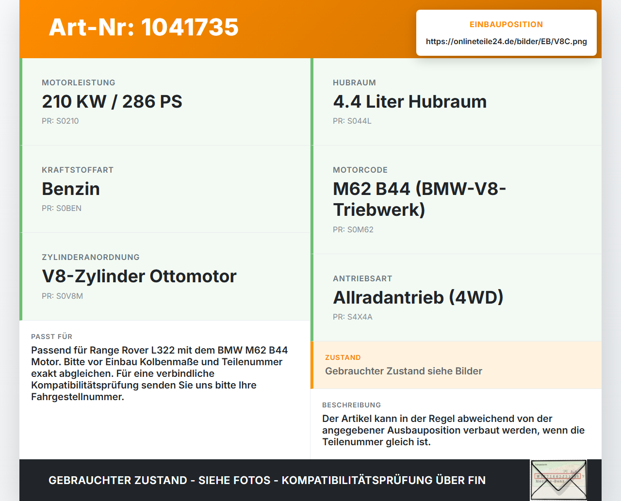 Land Range Rover III L322 02-06 4,4 210KW M62 B44 Kolben mit Pleuel Pos C Land Range Rover III L322 02-06... Vorschau 3