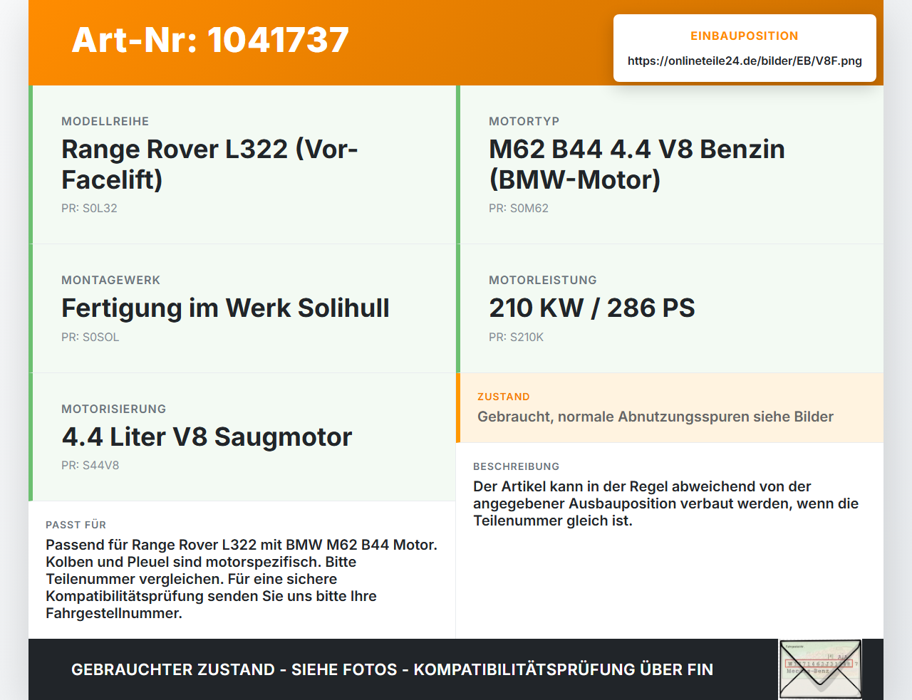 Land Range Rover III L322 02-06 4,4 210KW M62 B44 Kolben mit Pleuel Pos F Land Range Rover III L322 02-06... Vorschau 3