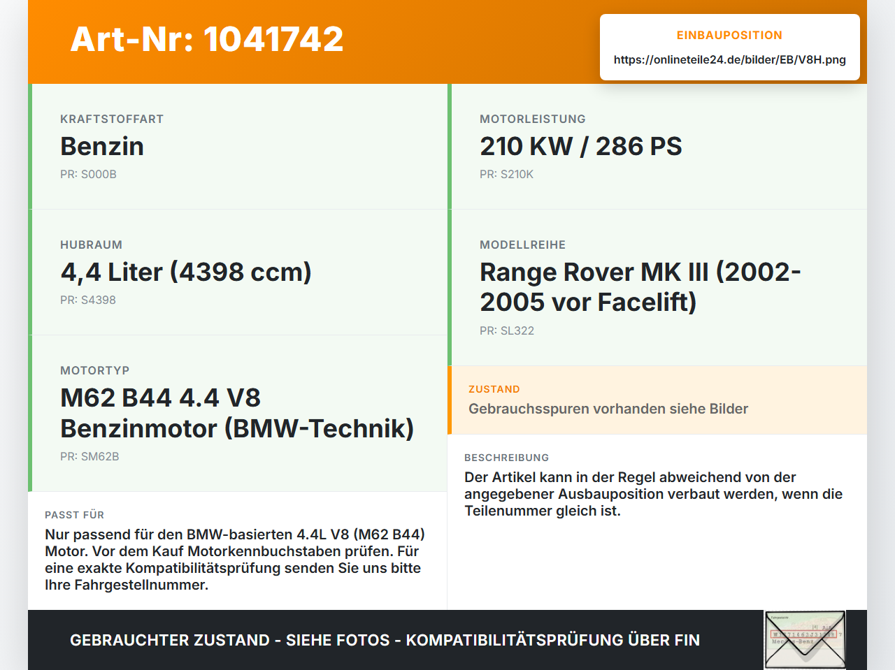 Land Range Rover III L322 02-06 4,4 210KW M62 B44 Kolben mit Pleuel Pos H Land Range Rover III L322 02-06... Vorschau 3