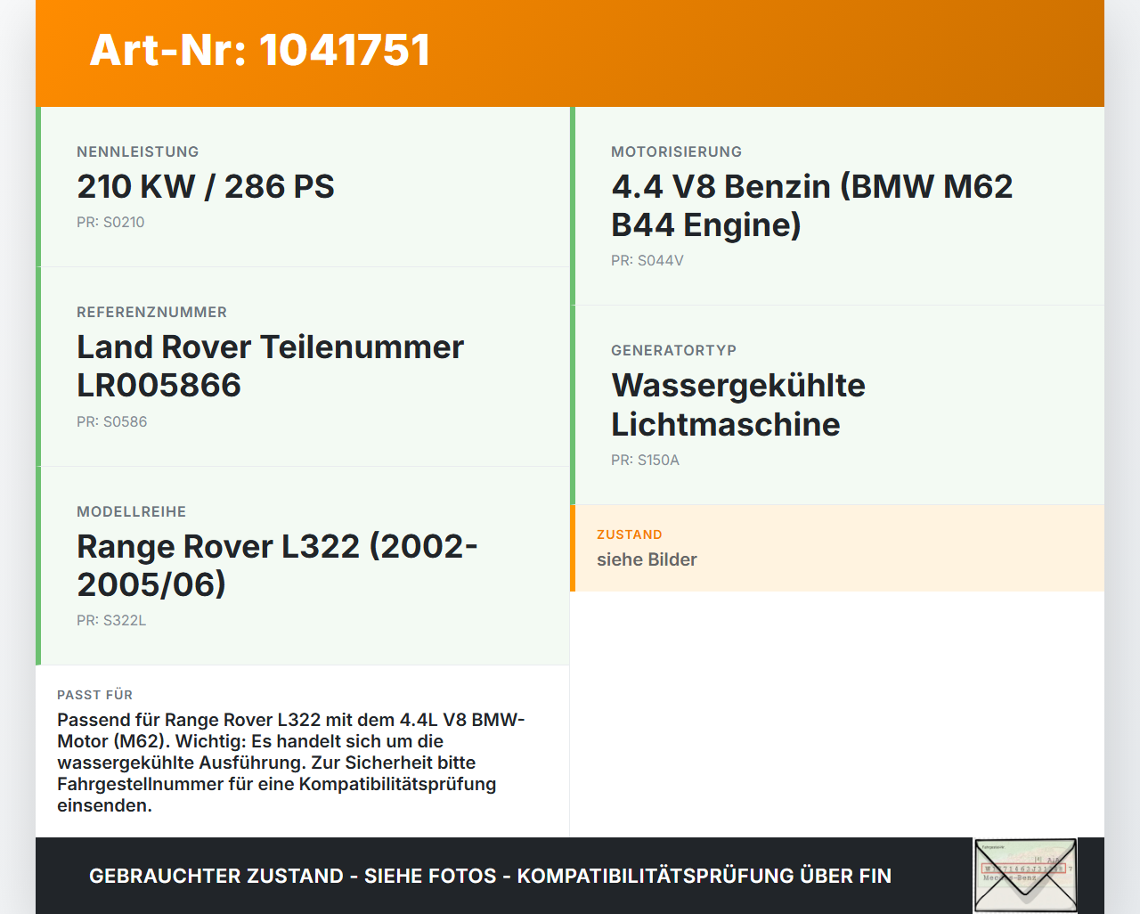 Land Range Rover III L322 02-06 4,4 210KW Lichtmaschine Generator Land Range Rover III L322 02-06 02.08.2002... Vorschau 3