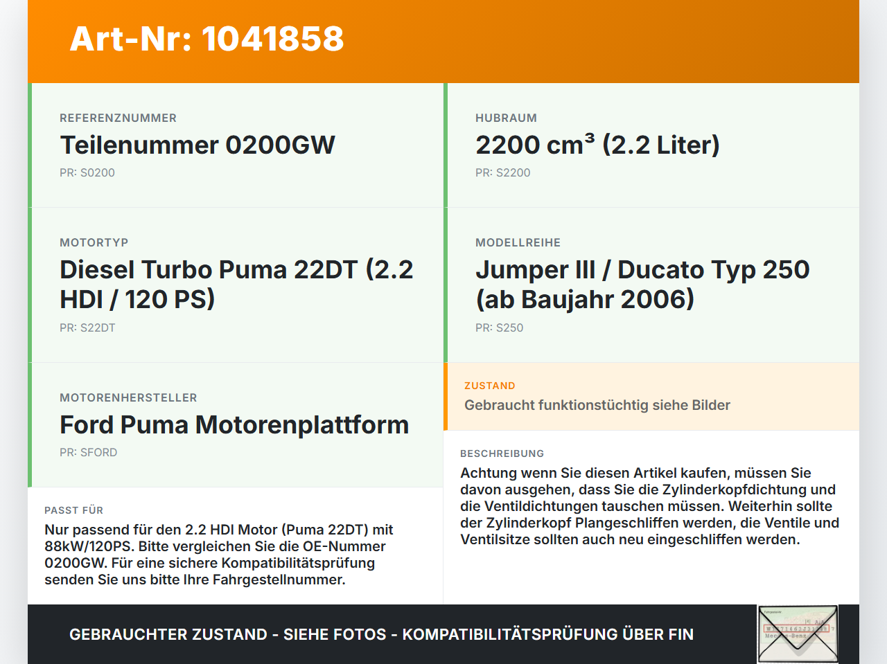 Jumper Ducato 250 06-14 HDI 2,2 88KW PUMA 22DT Zylinderkopf Jumper Ducato 250 06-14 20.04.2007 0200GW gebraucht Vorschau 3