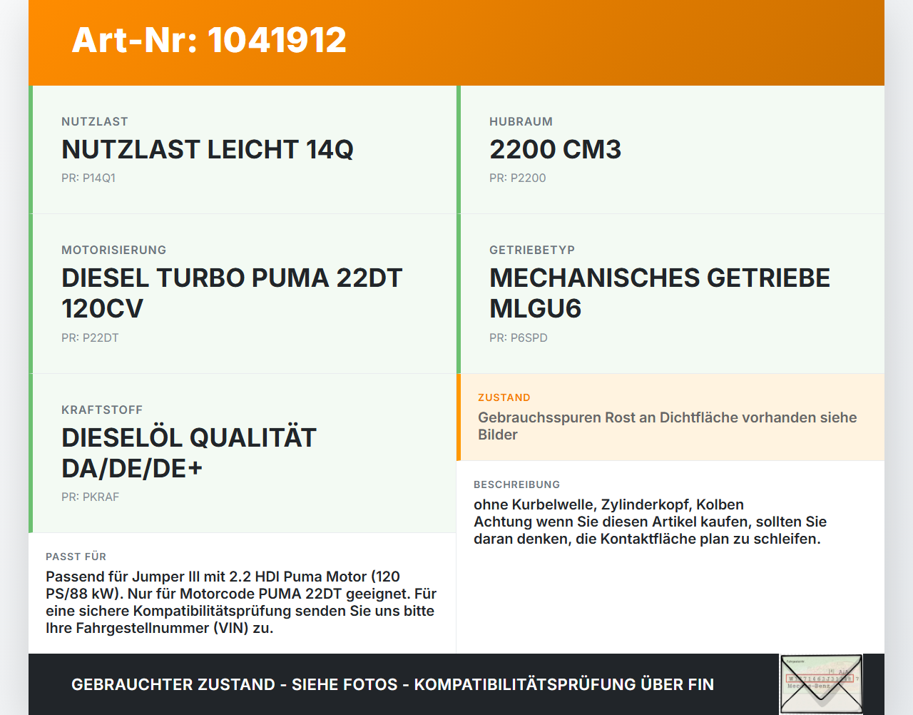 Jumper Ducato 250 06-14 HDI 2,2 88KW PUMA 22DT Motorblock für Motor Jumper Ducato 250 06-14 20.04.2007 0130AY gebraucht Vorschau 3