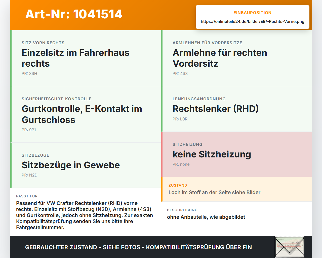 VW Crafter 2E 35 11-16 Kasten Sitz Fahrersitz Vorne Rechts VW Crafter 2E 35 11-16 07.10.2016 2E0881001B gebraucht Vorschau 3