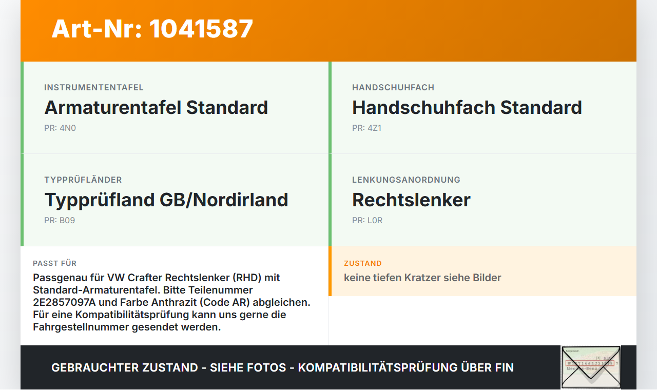 VW Crafter 2E 35 11-16 RHD Handschuhfach Handschuhkasten VW Crafter 2E 35 11-16 07.10.2016 2E2857097A gebraucht Vorschau 3