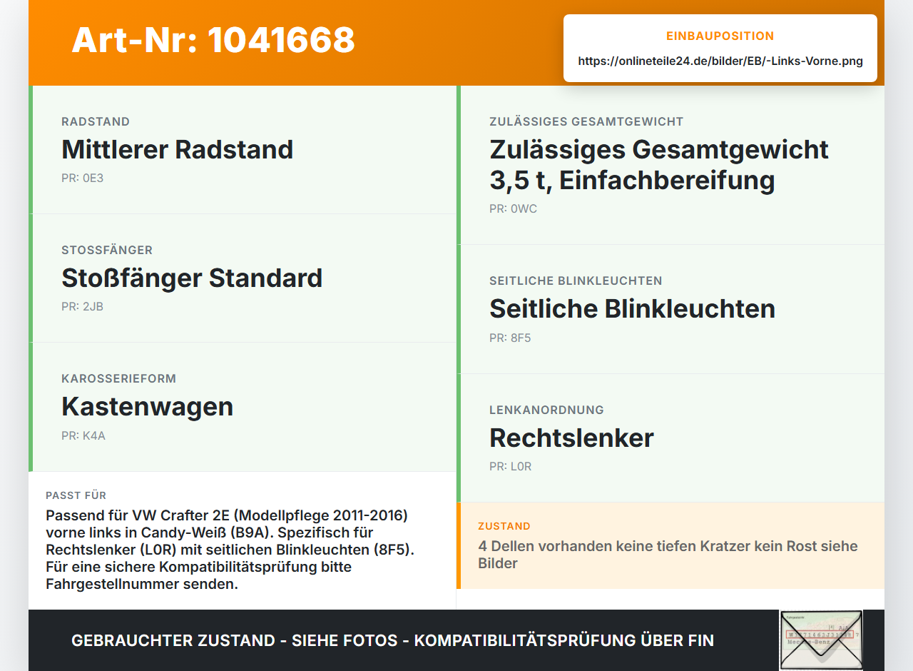 VW Crafter 2E 35 11-16 Kotflügel Vorne Links LB9A VW Crafter 2E 35 11-16 07.10.2016 2E0821305 gebraucht Vorschau 3