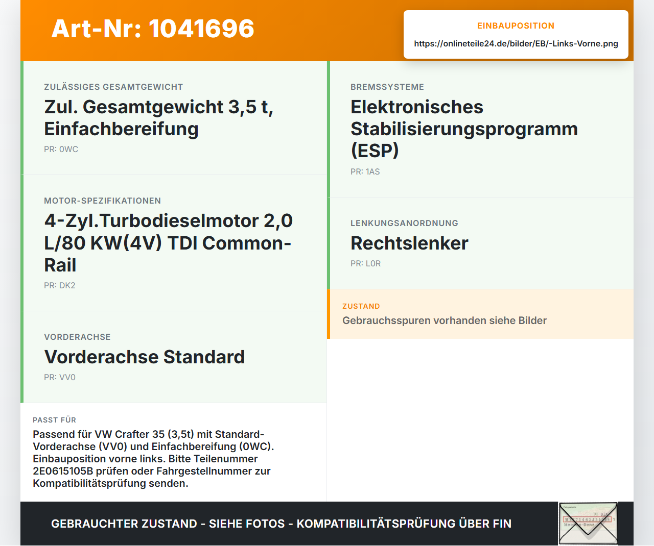 VW Crafter 2E 35 11-16 TDI 2,0 80KW Bremssattel Bremszange Vorne Links VW Crafter 2E 35 11-16 07.10.2016 2E0615105B... Vorschau 3