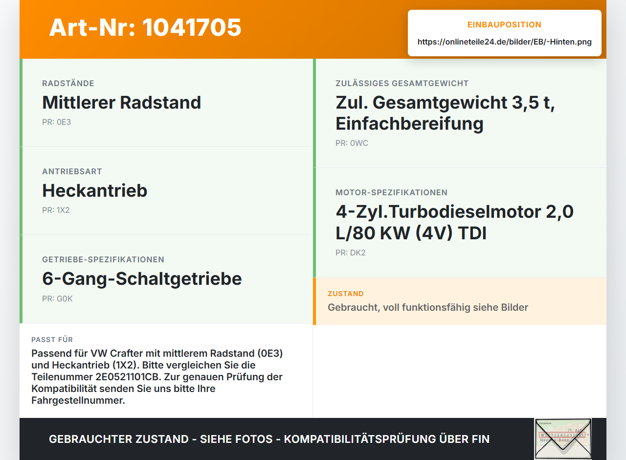 VW Crafter 2E 35 11-16 TDI 2,0 80KW Kardanwelle Hinten VW Crafter 2E 35 11-16 07.10.2016 2E0521101CB gebraucht Vorschau 3