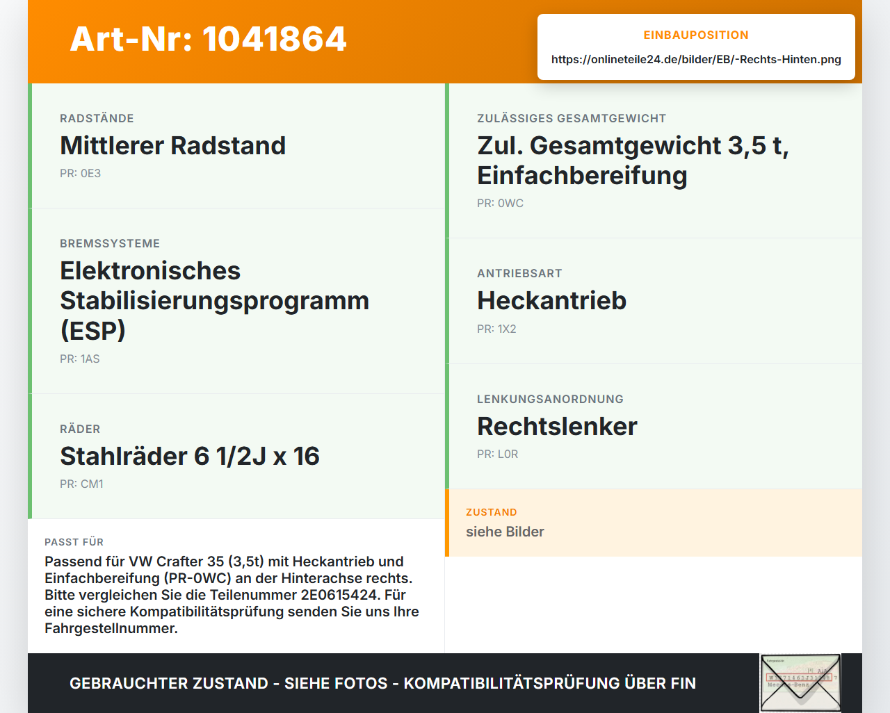VW Crafter 2E 35 11-16 TDI 2,0 80KW Bremssattel Bremszange Hinten Rechts VW Crafter 2E 35 11-16 07.10.2016... Vorschau 3