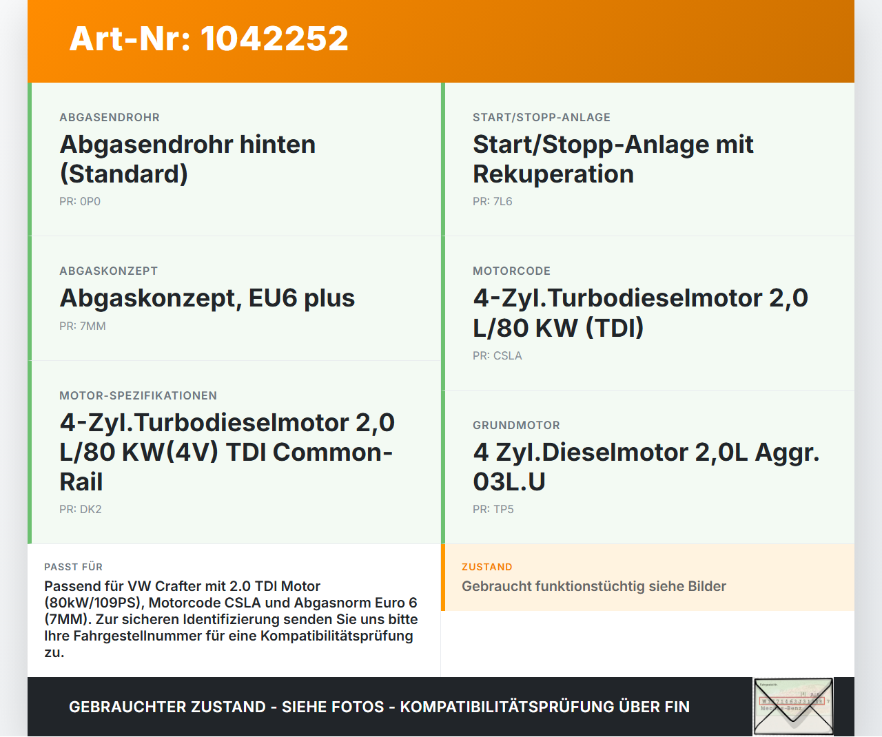 VW Crafter 2E 35 11-16 TDI 2,0 80KW Sensor Abgastemperatursensor Abgassonde VW Crafter 2E 35 11-16 07.10.2016... Vorschau 3