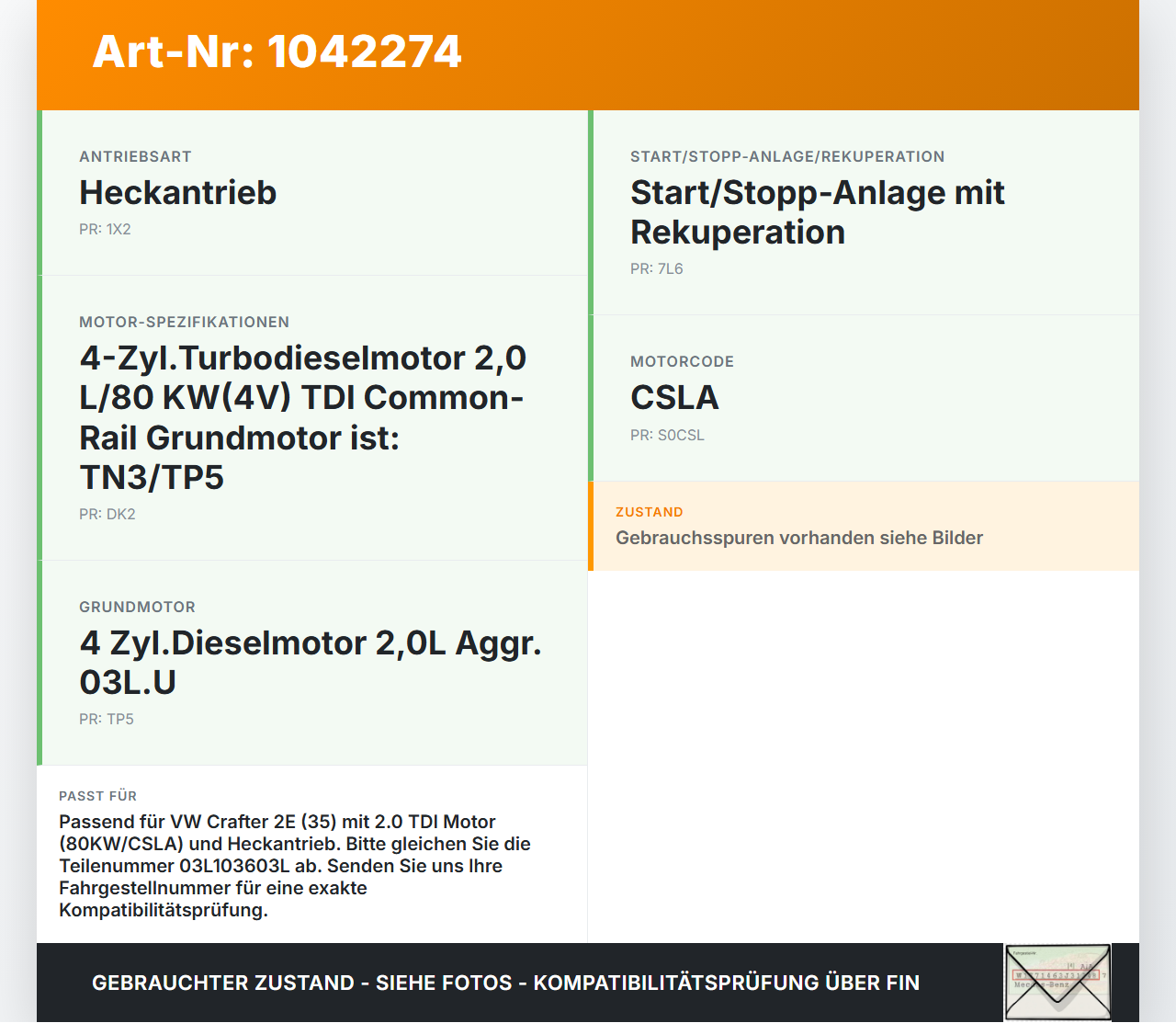 VW Crafter 2E 35 11-16 TDI 2,0 80KW CSLA Ölwanne Motorwanne VW Crafter 2E 35 11-16 07.10.2016 03L103603L gebraucht Vorschau 3