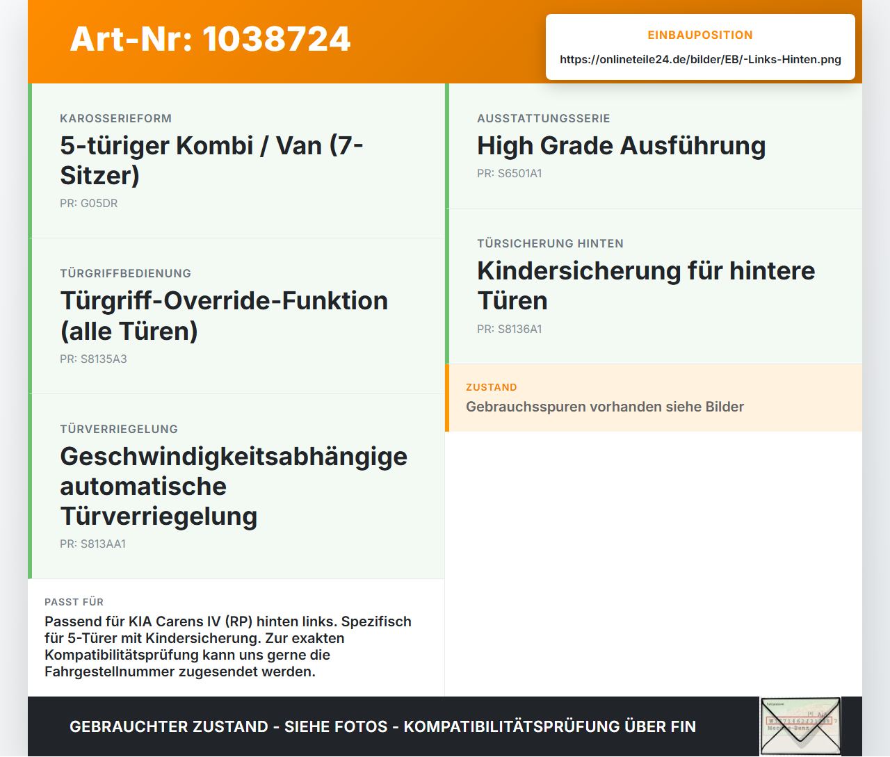 KIA Carens RP IV 13-19 Türfangband  Türbremse Türanschlag Links Hinten KIA Carens RP IV 13-19 29.08.2014 gebraucht Vorschau 3