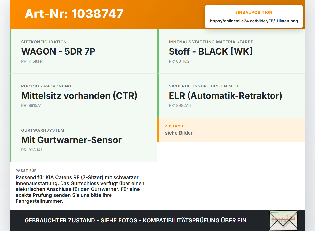 KIA Carens RP IV 13-19 Gurtschloss Mitte Hinten KIA Carens RP IV 13-19 29.08.2014 1099441 gebraucht Vorschau 3