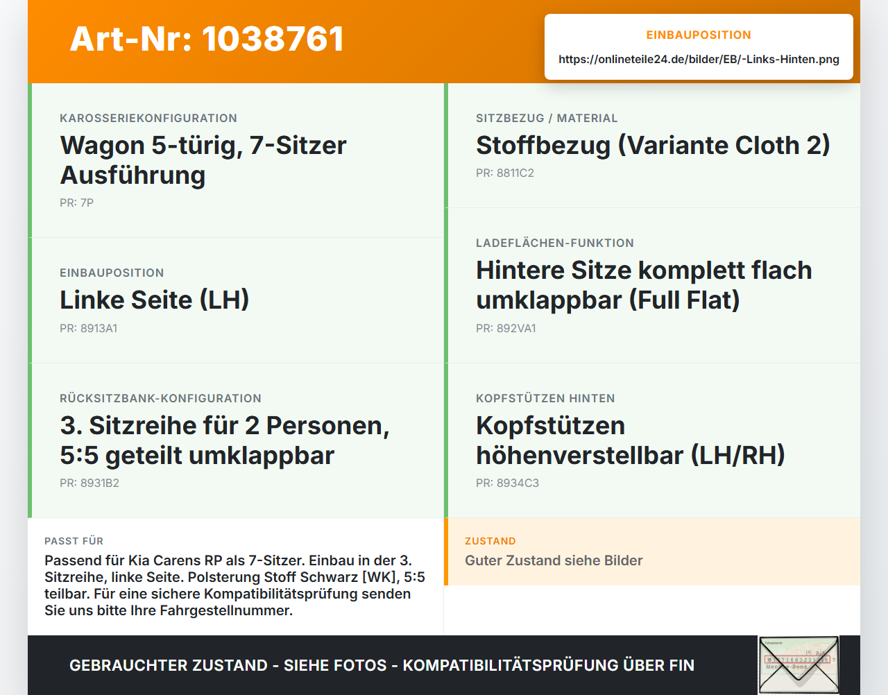 KIA Carens RP IV 13-19 Sitz Links Hinten für 3te Reihe KIA Carens RP IV 13-19 29.08.2014 gebraucht Vorschau 3