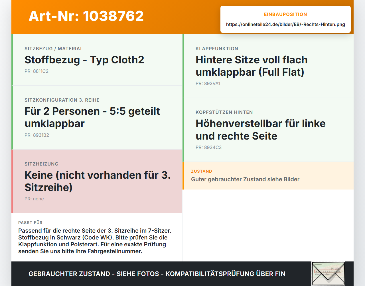 KIA Carens RP IV 13-19 Sitz Rechts Hinten für 3te Reihe KIA Carens RP IV 13-19 29.08.2014 gebraucht Vorschau 3