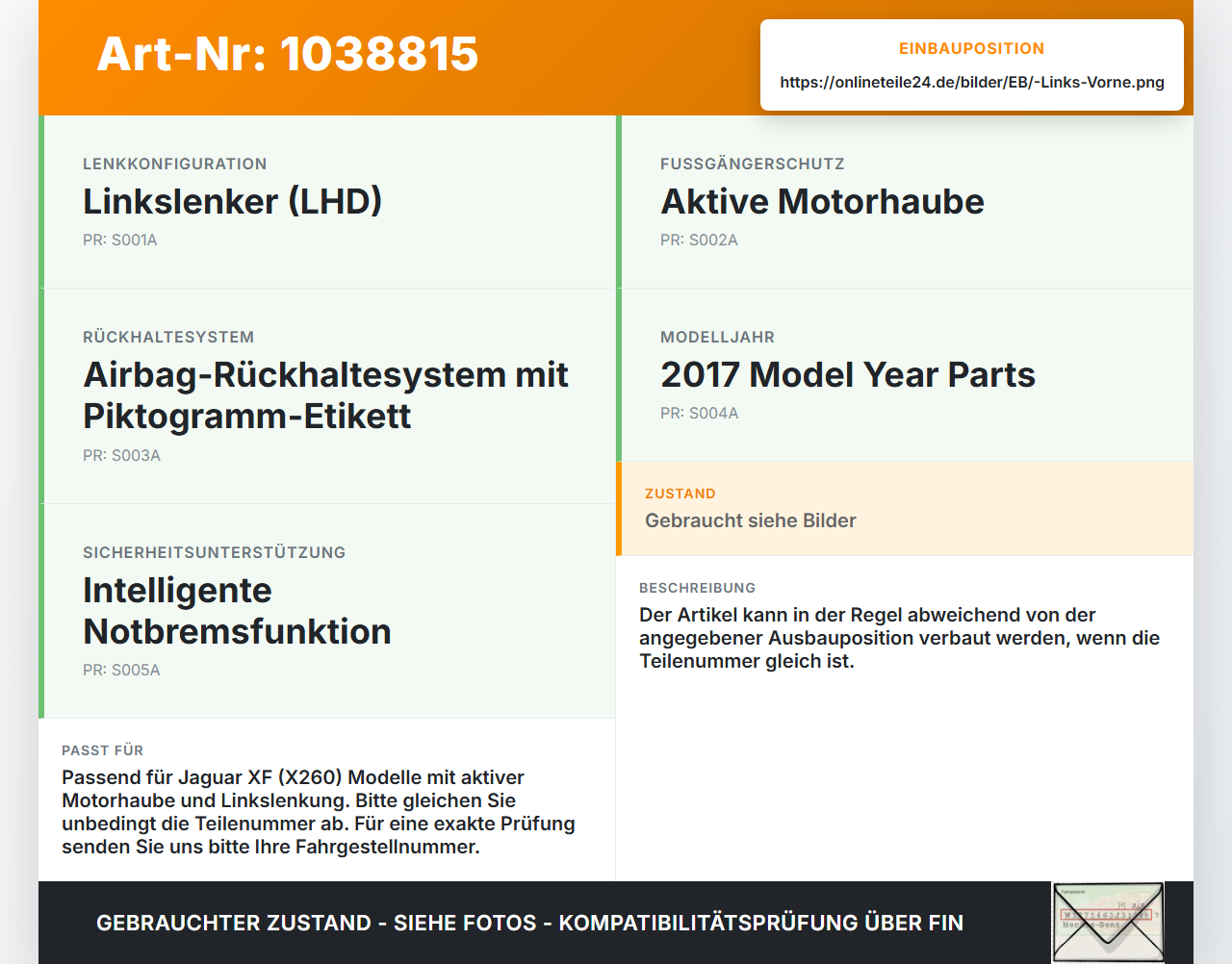 Jaguar XF X260 15-20 Sensor für Airbag Crashsensor Airbagsensor Links Vorne Jaguar XF X260 15-20 20.06.2017... Vorschau 3