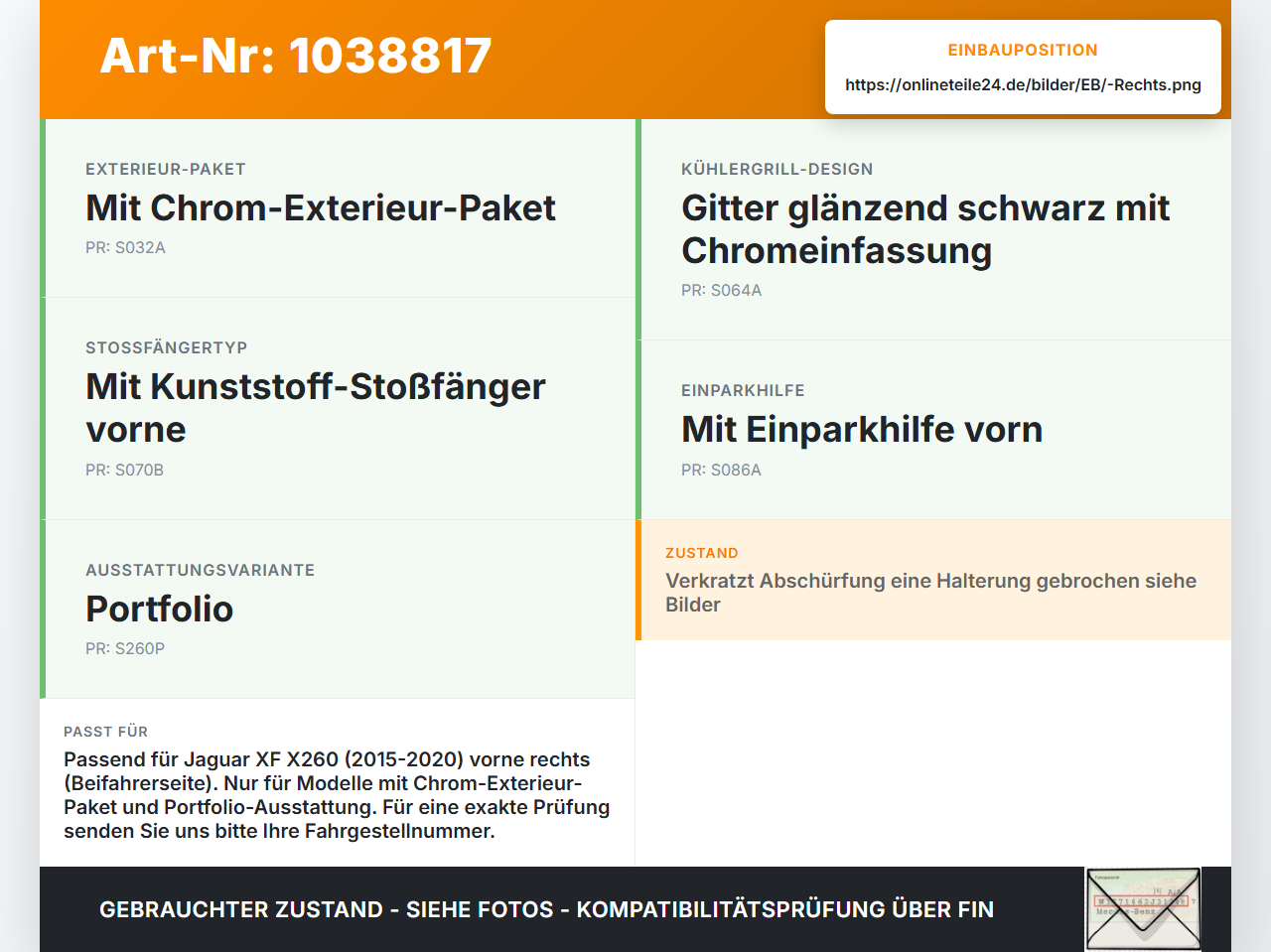 Jaguar XF X260 15-20 Frontblende Frontleiste Rechts Jaguar XF X260 15-20 20.06.2017 GX63-17B970-A gebraucht Vorschau 3