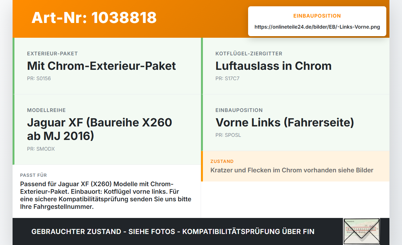 Jaguar XF X260 15-20 Leiste Zierleiste für Kotflügel Links Vorne LKT Jaguar XF X260 15-20 20.06.2017 GX63-17C753-A... Vorschau 3