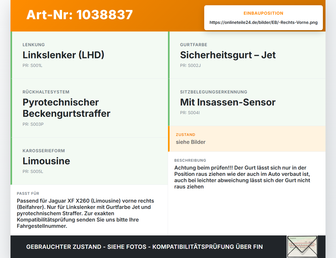 Jaguar XF X260 15-20 Lim Gurt Sicherheitsgurt Gurtstraffer für Beifahrer Rechts Vorne Jaguar XF X260 15-20... Vorschau 3