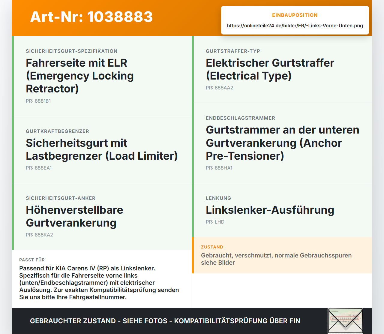 KIA Carens RP IV 13-19 Gurtstraffer Links Vorne Unten KIA Carens RP IV 13-19 29.08.2014 1033526 gebraucht Vorschau 3