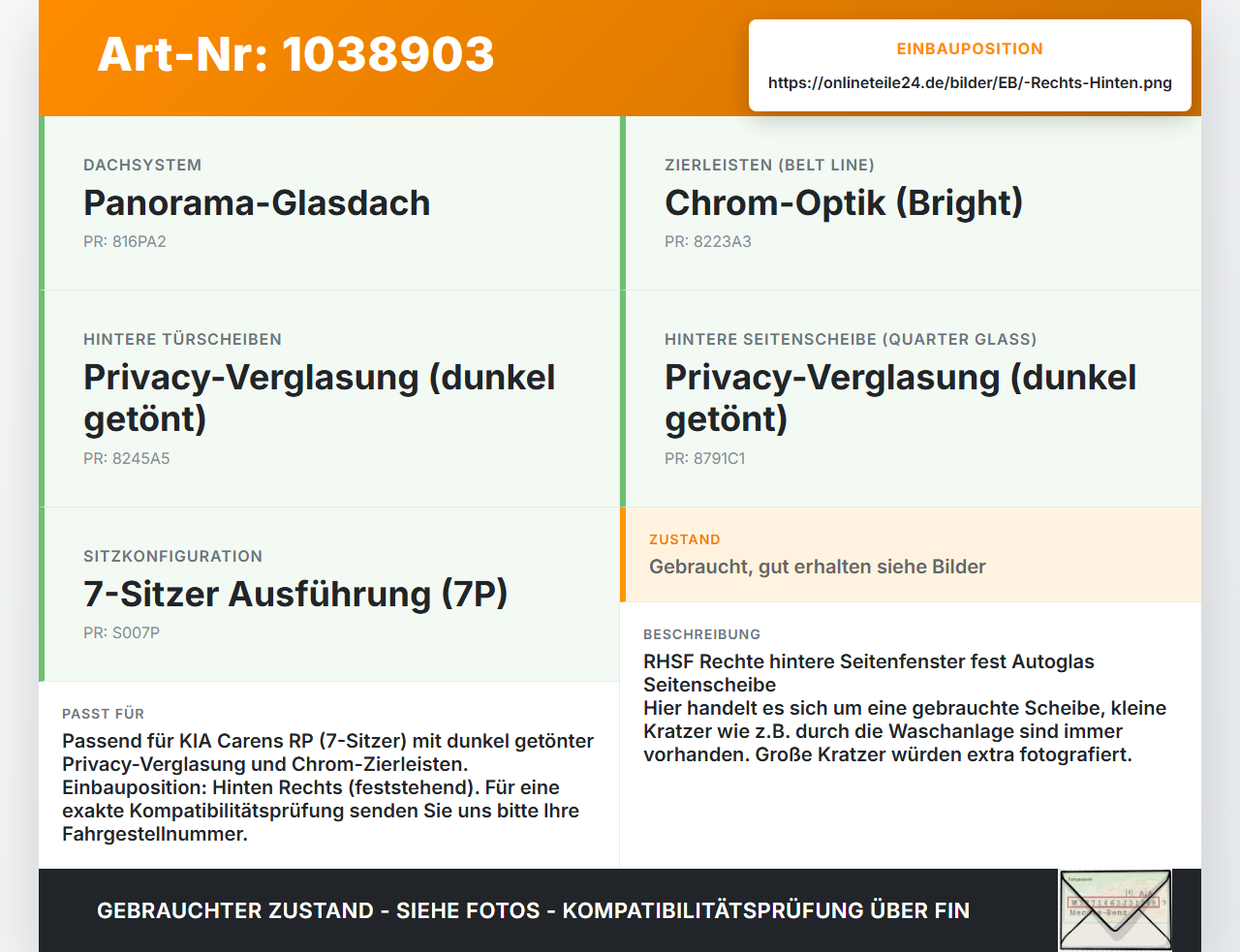 KIA Carens RP IV 13-19 Seitenscheibe Feste Scheibe Rechts Hinten KIA Carens RP IV 13-19 29.08.2014 gebraucht Vorschau 3