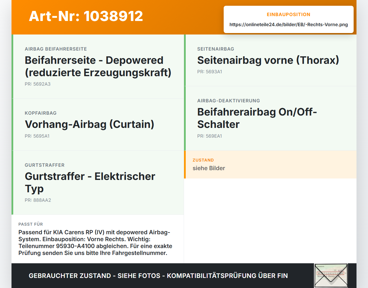 KIA Carens RP IV 13-19 Airbagsensor Crashsensor Sensor Rechts Vorne KIA Carens RP IV 13-19 29.08.2014 95930-A4100... Vorschau 3