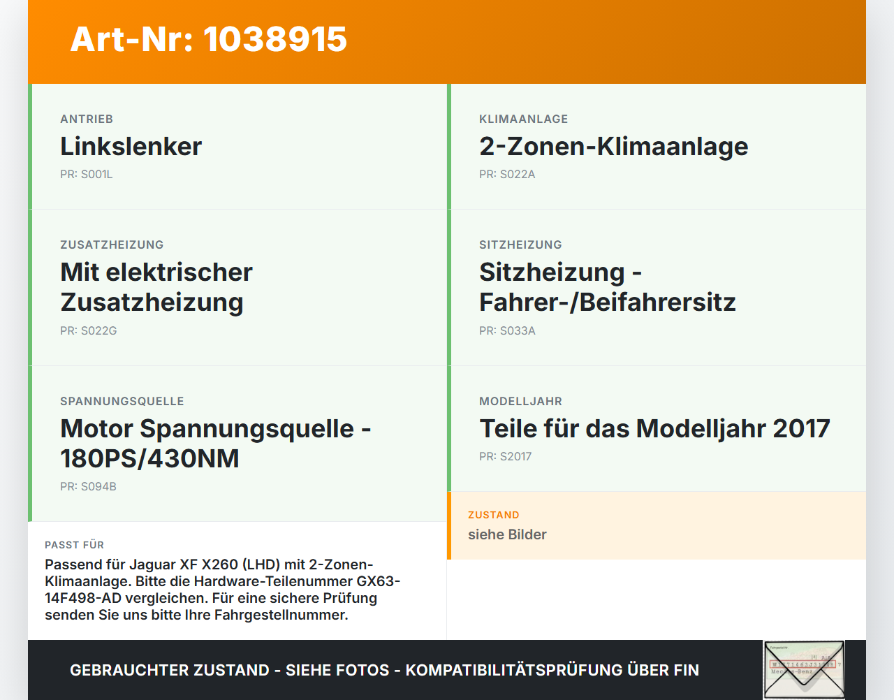 Jaguar XF X260 15-20 SG Steuergerät für Klima Jaguar XF X260 15-20 20.06.2017 GX63-14F498-AD MB177800-5033 gebraucht Vorschau 3