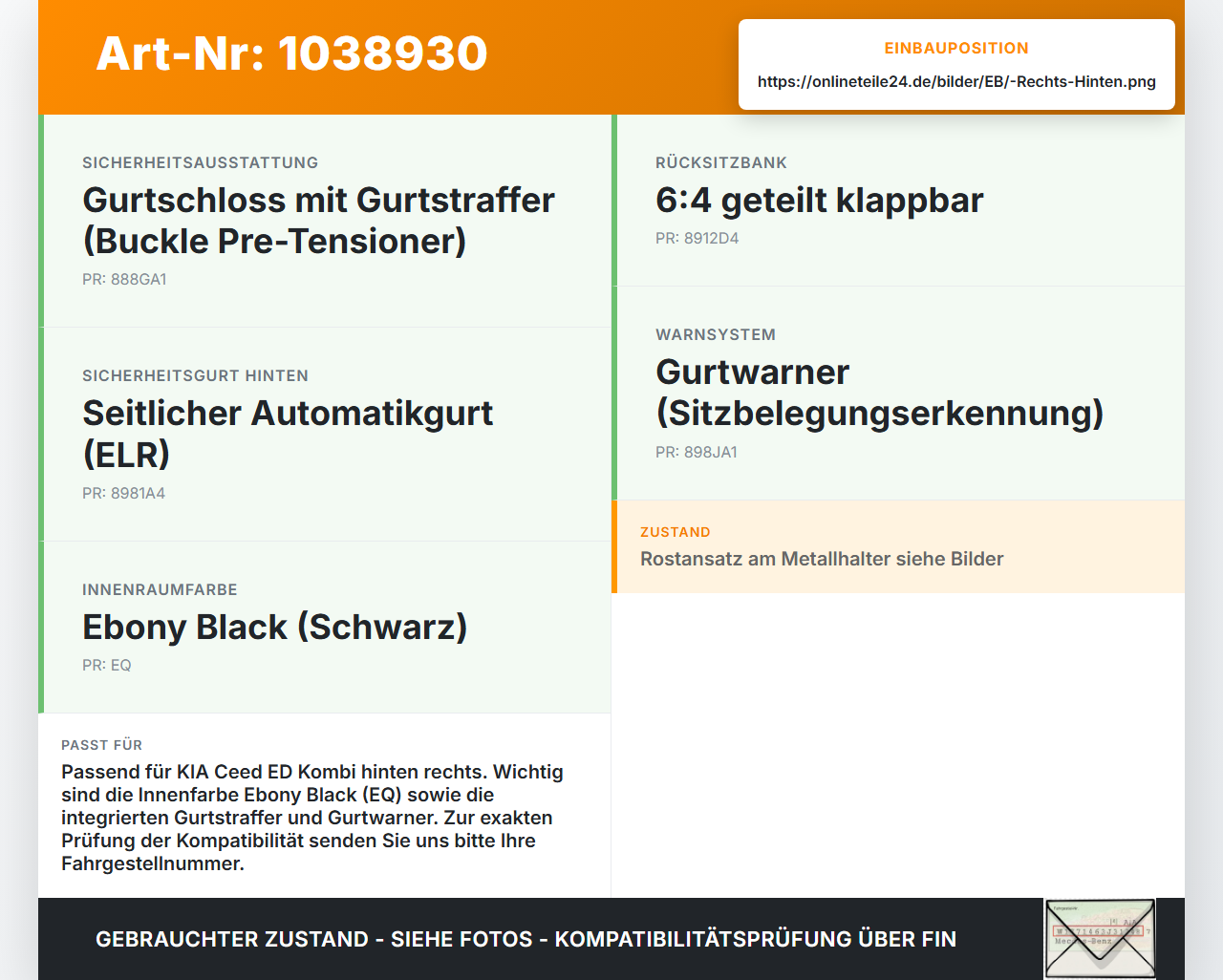 KIA Ceed ED 09-13 Kombi Gurtschloss Rechts Hinten KIA Ceed ED 09-13 31.10.2011 gebraucht Vorschau 3