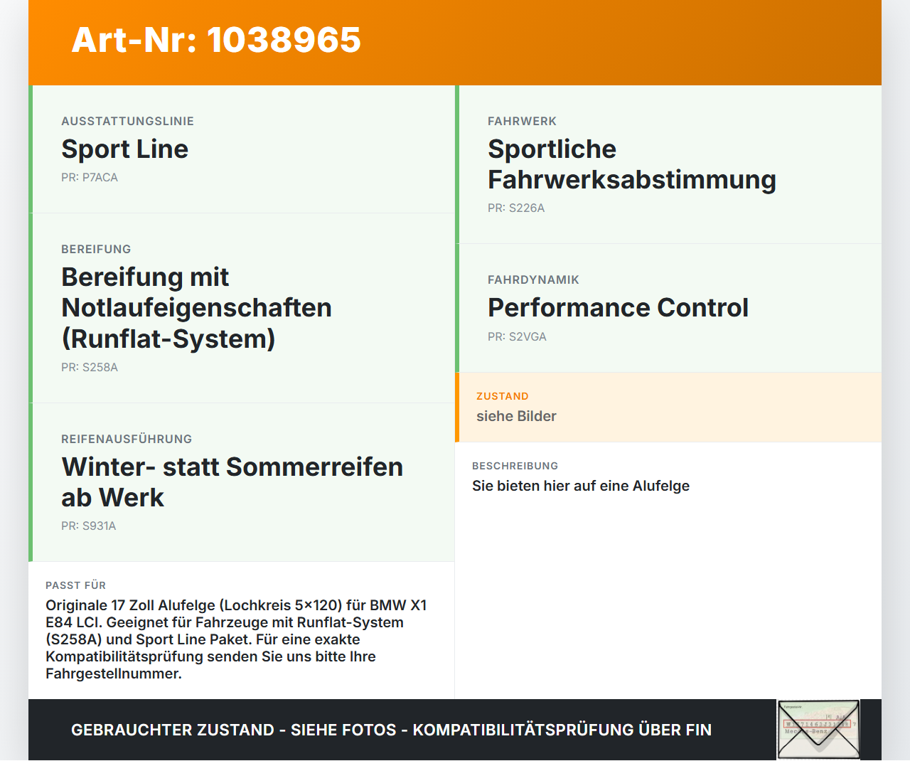 BMW X1 E84 LCI 12-15 2,0d 160KW 1 x Felge Aluminiumfelge 17 Zoll 5X120 BMW X1 E84 LCI 12-15 29.10.2012 6789140 gebraucht Vorschau 3