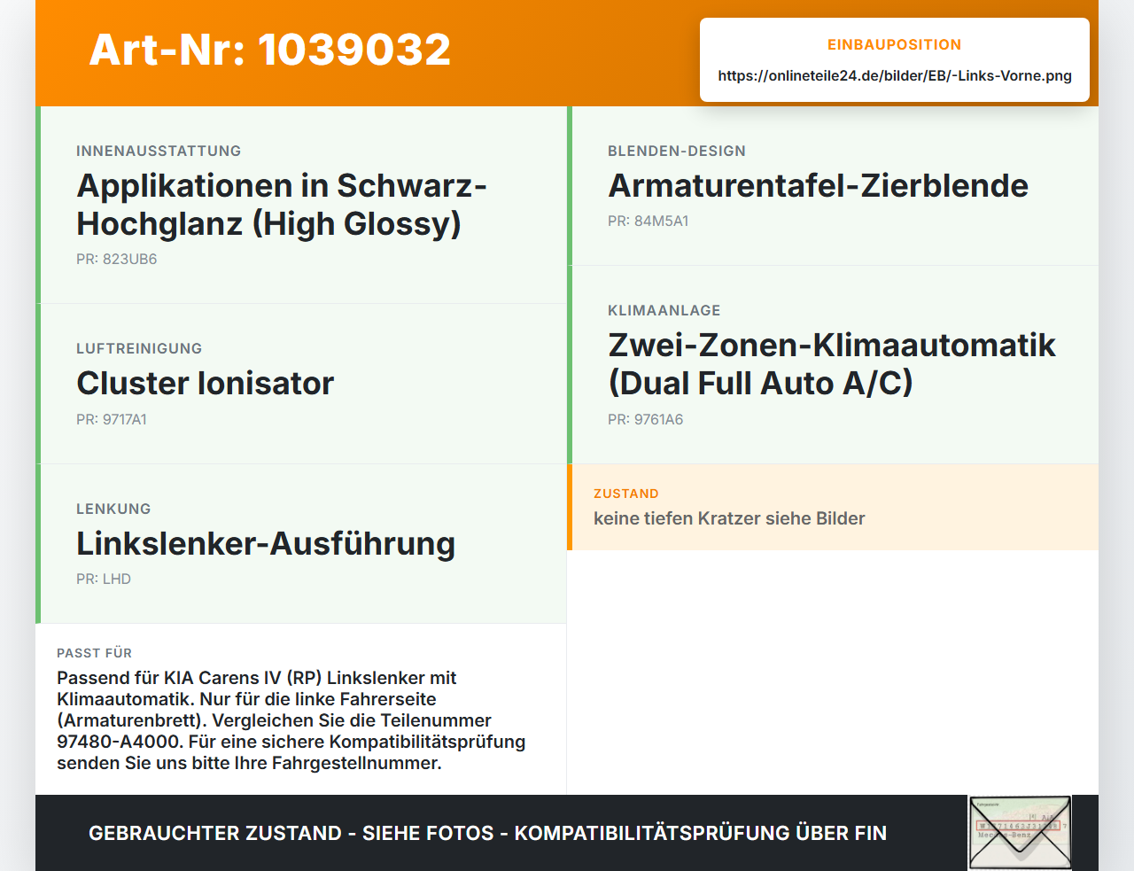 KIA Carens RP IV 13-19 Luftdüse Armaturenbrett Vorne Links KIA Carens RP IV 13-19 29.08.2014 97480-A4000 gebraucht Vorschau 3