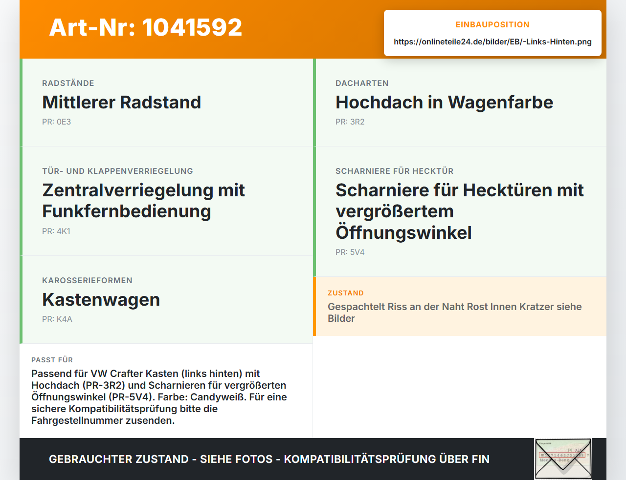 VW Crafter 2E 35 11-16 Kasten Tür Flügeltür Hecktür Links Hinten LB9A VW Crafter 2E 35 11-16 07.10.2016 2E1827091N... Vorschau 3