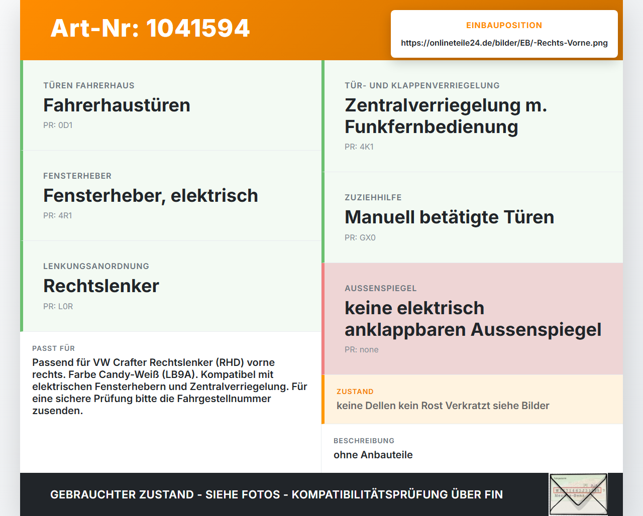 VW Crafter 2E 35 11-16 Kasten Tür Beifahrertür Rechts Vorne LB9A VW Crafter 2E 35 11-16 07.10.2016 2E0831052 gebraucht Vorschau 3