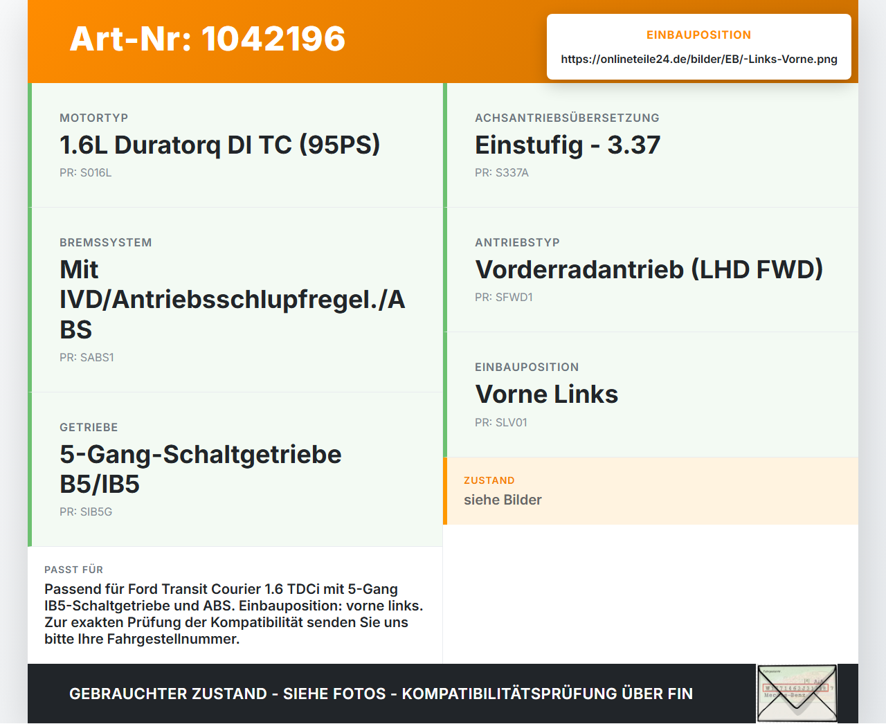Ford Transit Courier 14-18 TDCi 1,6 70KW Antriebswelle Gelenkwelle Links Vorne Ford Transit Courier 14-18... Vorschau 3