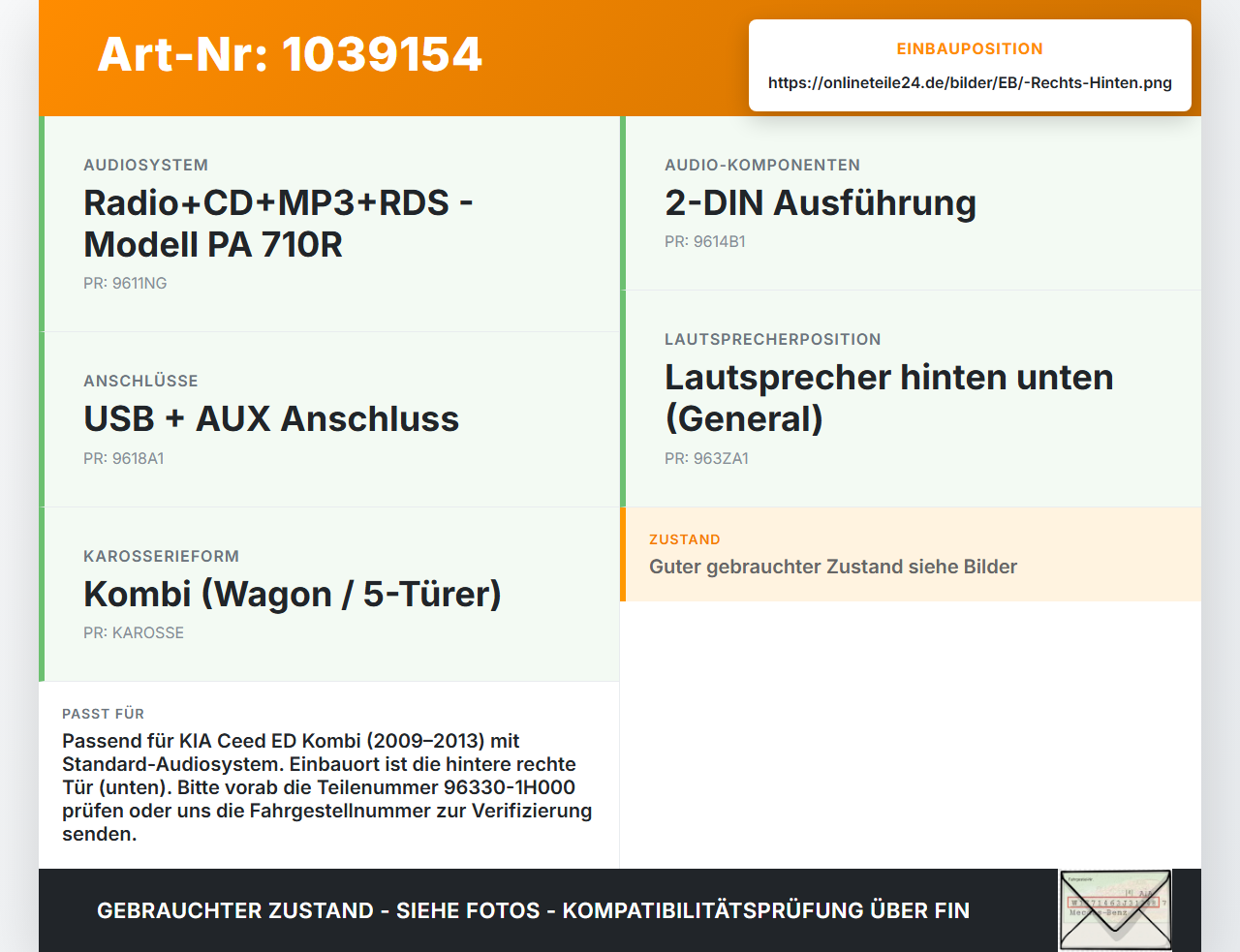 KIA Ceed ED 09-13 Kombi Lautsprecher Rechts Hinten KIA Ceed ED 09-13 31.10.2011 96330-1H000 gebraucht Vorschau 3