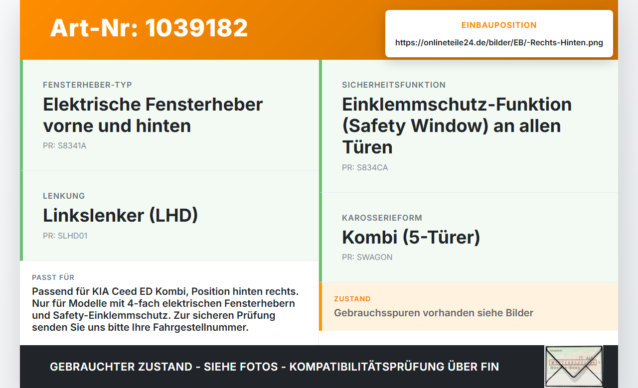 KIA Ceed ED 09-13 Kombi Fensterhebermotor Rechts Hinten KIA Ceed ED 09-13 31.10.2011 402058D 403951A8 440850C gebraucht Vorschau 3