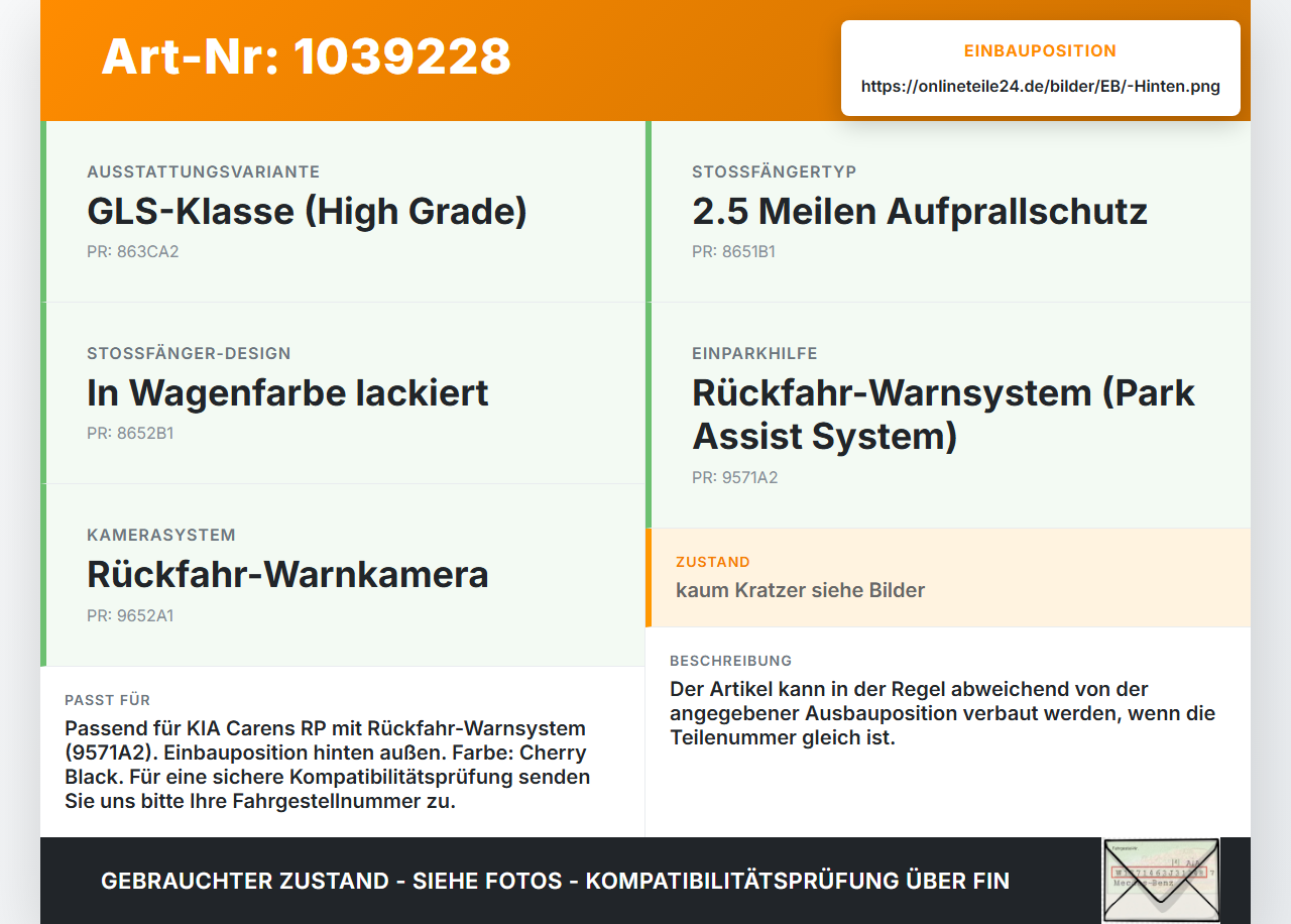KIA Carens RP IV 13-19 Abstands Sensor Parksensor PDC Einparkhilfe  Hinten Aussen Pos.1 KIA Carens RP IV 13-19... Vorschau 3